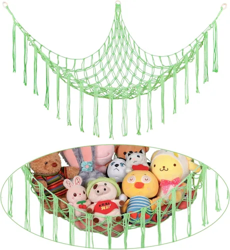 Miniatura 13 de Hamaca Esquinera para Animales de Peluche, Red Grande de Juguetes de Peluche Tejida a Mano con Anillos de Madera Almacenamiento Boho Lindo