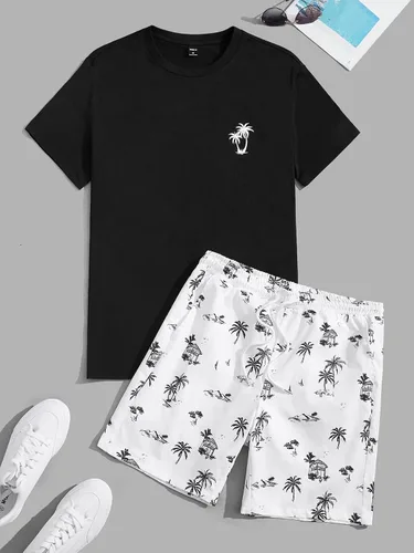 Miniatura 3 de GORGLITTER Conjunto de 2 piezas de camiseta gráfica de manga corta para hombre, estampado hawaiano con cordón y pantalones cortos