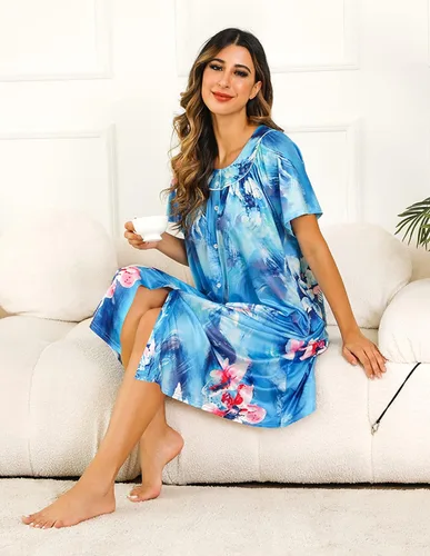 Miniatura 3 de YOZLY Vestido de casa para mujer, de manga corta, abrigo de casa con bolsillos