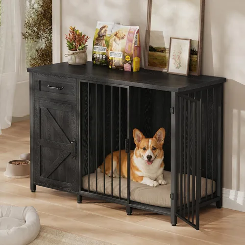 Miniatura 13 de kepptory Caja grande para perros de 48 pulgadas con 3 cajones de almacenamiento, perrera de madera con divisor removible, mesa auxiliar de perrera
