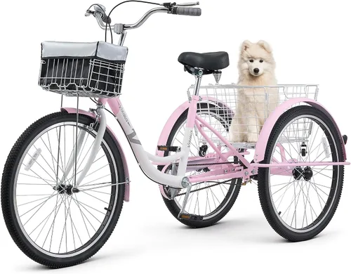 VIRIBUS Triciclos para adultos para mujeres, triciclo de una sola velocidad para adultos con cestas con ruedas desmontables delanteras y traseras,
