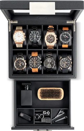 Miniatura 3 de Glenor Co Caja de reloj con cajón de valet para hombres, organizador de exhibición de lujo de 8 ranuras, diseño de fibra de carbono, hebilla
