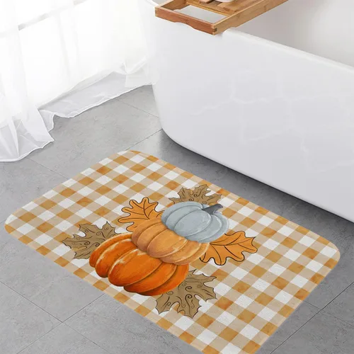 Miniatura 4 de Fukeen Alfombra de baño de calabaza a cuadros naranja – Alfombra de ducha antideslizante con hojas de arce para baño, dormitorio, hogar
