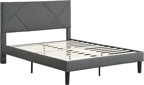 Miniatura 5 de Base de cama de plataforma de tamaño matrimonial con cabecera tapizada de tela y soporte de listones de madera, base de colchón totalmente tapizada