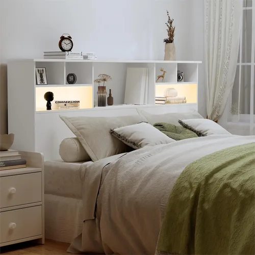 Miniatura 8 de Cabecero Queen/Full Solo para Dormitorio, Elegante Cabecero con Estantería con Estación de Carga y 2 Luces LED, Cabeceros de Madera Procesada