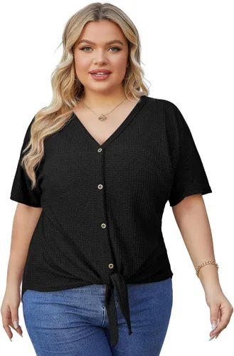 Miniatura 2 de OLRIK Blusa de manga corta con cuello en V para mujer, de punto gofre, con lazo frontal y botones