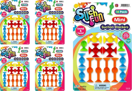 JA-RU Mini juguetes de ventosa (paquete de 4, 14 piezas cada uno) - Juguetes coloridos de baño con ventosa para niños, juguete antiestrés para