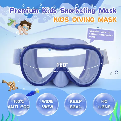 Miniatura 2 de Máscara de snorkel para niños, máscara de buceo de 180° con cubierta para la nariz, gafas de natación antiniebla para niños con correa de tela Azul
