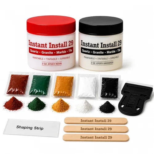 Instant Install 29 Complete - Kit de reparación permanente de epoxi de 4 oz con EZ-Tint 10 g paquete de 5, palitos mezcladores, navaja y tira