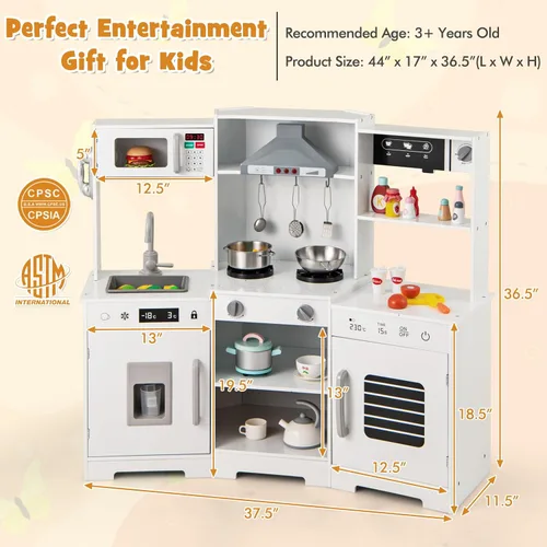 Miniatura 8 de HONEY JOY Juego de cocina de esquina para niños, juego de cocina de juguete de madera con luces y sonidos, campana extractora, máquina de hielo