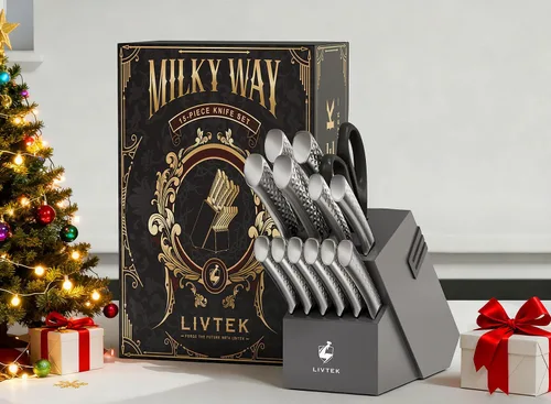 Miniatura 7 de Livtek Juego de cuchillos con bloque, juego de cuchillos de cocina alemán de acero inoxidable de alto carbono con afilador integrado, mango