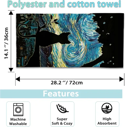 Miniatura 2 de Paquete de 2 toallas de mano para baño, toallas decorativas de noche estrellada de gato negro, toallas suaves altamente absorbentes para baño, Gato