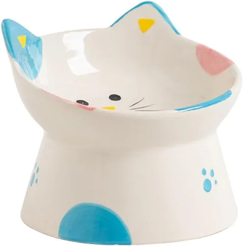 Cuencos elevados de cerámica para gatos, antivómitos y protegen las espinas de las mascotas para gatos de interior, comedero para mascotas para Azul