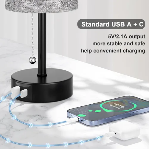 Miniatura 7 de Juego de 2 lámparas de noche grises para dormitorio, lámpara de mesa de noche con puerto de carga USB A + C, 3 temperaturas de color, cadena