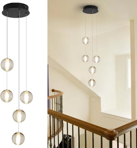 Miniatura 12 de Lámpara de escalera de 25 luces para techo alto, lámpara colgante de gota de lluvia de cristal moderno ajustable, luz colgante larga y grande