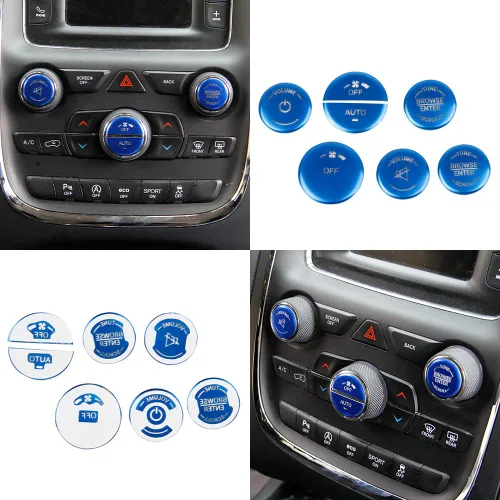Miniatura 6 de Interruptor de aire acondicionado de aleación de aluminio, botón de CD, cubierta de parche de luz permeable para Dodge Durango 14-20 15-22 Dodge Azul