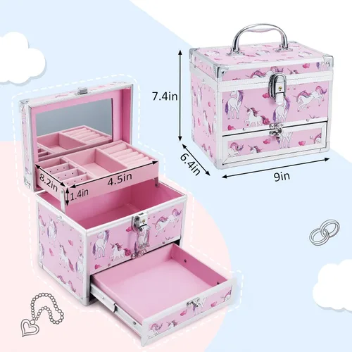 Miniatura 7 de Hododou Joyero para niñas diseño de unicornio rosa organizador con cajón y espejo estuche de almacenamiento con cerradura estilo unicornio