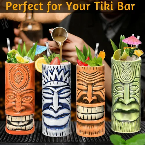 Miniatura 4 de Tiki Mugs - Juego de 4 tazas de cóctel de cristal Tiki de cerámica, vasos de cóctel únicos, taza hawaiana profesional de bar y Halloween fiesta