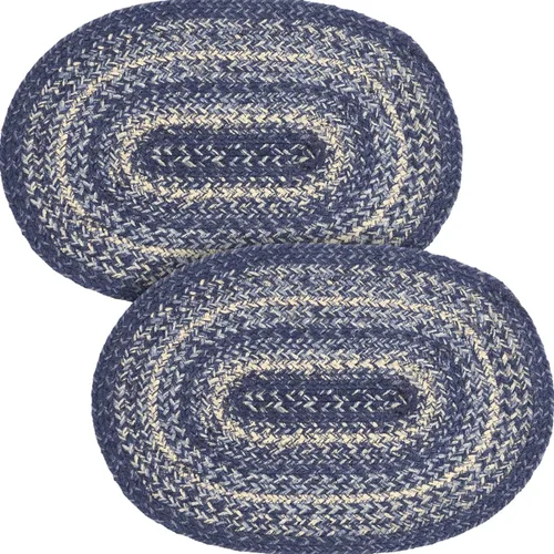 VHC Brands Farmhouse Great Falls - Juego de 2 manteles individuales ovalados de mezcla de yute azul y blanco de 10 x 15 pulgadas