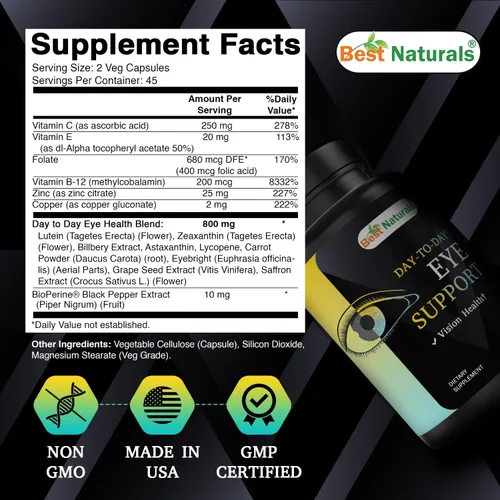 Miniatura 2 de Best Naturals Soporte ocular diario con luteína, zeaxantina, extracto de arándano, astaxantina, licopeno, zanahoria en polvo, 90 cápsulas vegetales