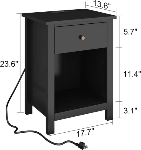 Miniatura 2 de ChooChoo - Juego de 2 mesitas de noche en negro, mesa de noche con estación de carga, mesa auxiliar de noche con tapa de madera, cajón y espacio