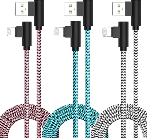 Paquete de 3 cargadores de iPhone de 6 pies [certificado Apple MFi] Cable Lightning de ángulo recto de carga rápida, cable de automóvil para iPhone