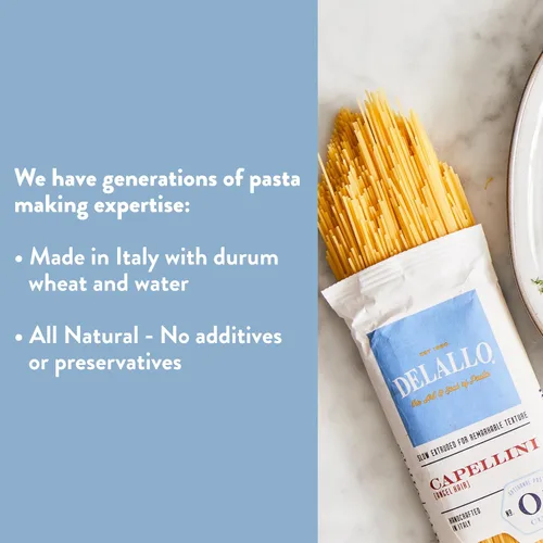 Miniatura 3 de DeLallo Capellini Pasta de pelo de ángel hecha en Italia, hecha con solo 100% harina de sémola de trigo duro, corte de bronce, totalmente natural