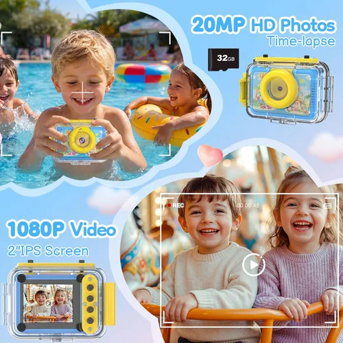 Miniatura 7 de Juguete de piscina y cámara submarina para niños, cámara de acción impermeable de 99 pies, video de 1080P y foto de 20 MP con lente abatible