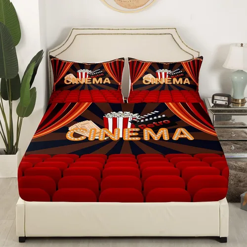 Miniatura 4 de Juego de sábanas de película de palomitas de maíz, tamaño individual, juego de sábanas de cine retro, rojo y negro, sábana bajera ajustable