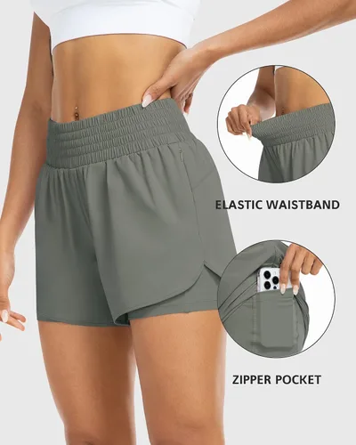 Miniatura 3 de YEZII Pantalones cortos de correr de cintura alta para mujer, pantalones cortos de entrenamiento atlético, de secado rápido, con bolsillos