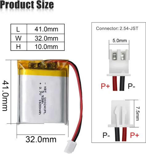 Miniatura 2 de KBT 3.7V 1600mAh Batería de polímero de litio: 103241 Baterías recargables de Li-ion de reemplazo con conector JST de 2.54 para faro frontal