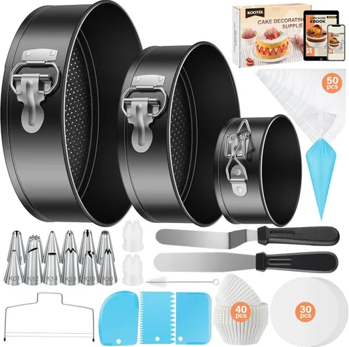 Miniatura 10 de Kootek Juego de 3 moldes para tartas antiadherentes con parte inferior extraíble, 4, 7, 9 pulgadas, moldes redondos para hornear pasteles de queso