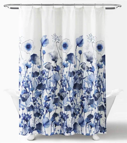 Lush Decor Zuri Flora - Cortina de ducha de tela con diseño de flores de acuarela, 72 x 72 pulgadas, color azul marino