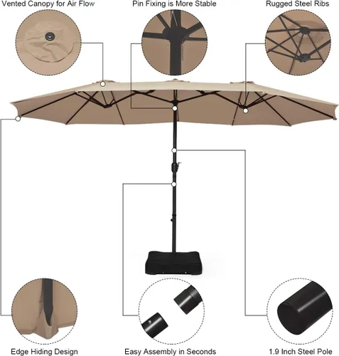 Miniatura 8 de Tangkula Paraguas de doble cara para patio de 15 pies con base, sombrilla de mercado extragrande para exteriores con manivela, base de sombrilla
