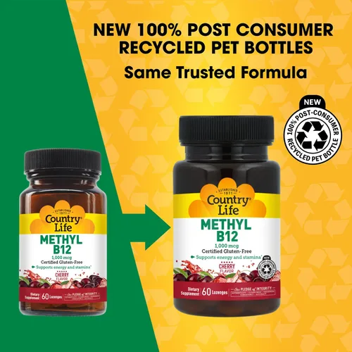 Miniatura 2 de Country Life Metil B12, soporta energía y resistencia, 1000 mcg, 60 pastillas, certificado sin gluten, certificado vegano