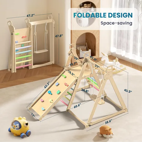 Miniatura 7 de BlueWood Gimnasio de la selva interior 4 en 1, juego de escalada plegable de madera con columpio, tobogán, escalera y pared de escalada, juego