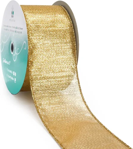 Miniatura 15 de Cinta con alambre metálica dorada champán de 2.5 pulgadas x 10 yardas para decoración del hogar de Navidad, lazo para decoración de árbol, envoltura