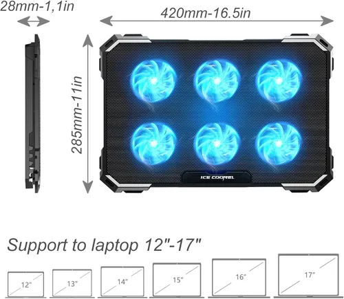 Miniatura 6 de ICE COOREL Almohadilla de enfriamiento para laptop con 6 ventiladores de refrigeración, almohadilla de enfriamiento para ventilador de laptop de 13