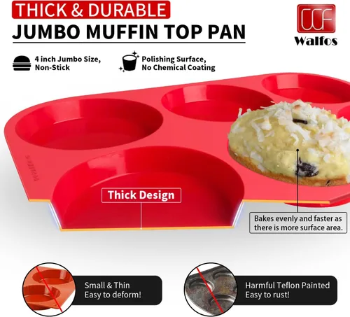 Miniatura 2 de Walfos Moldes de silicona para magdalenas de 4 pulgadas, tamaño jumbo de 4 pulgadas, resultados perfectos, antiadherentes, bandeja para hornear