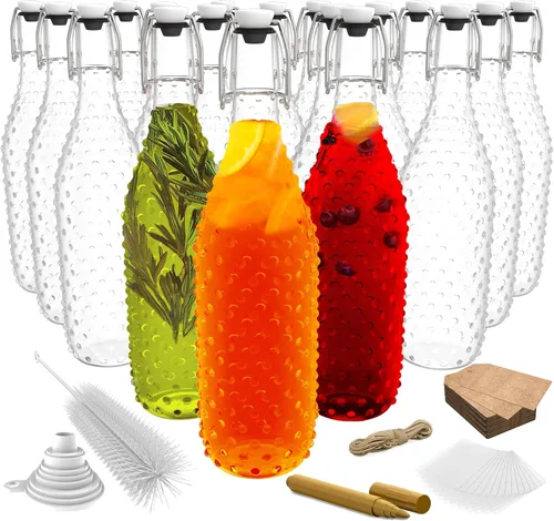 Miniatura 11 de Nevlers, juego de 6 botellas de vidrio con tapa abatible de 33 oz con puntos Botellas de vidrio transparentes de 1 litro con tapa, envoltura