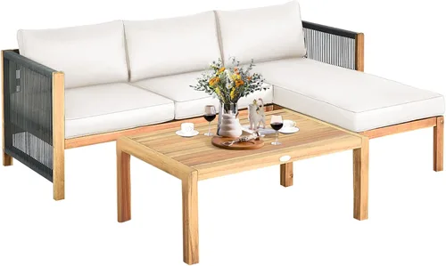Tangkula Juego de muebles de exterior en forma de L, juego de conversación de patio de madera de acacia de 3 piezas, con 2 sofás biplaza y mesa