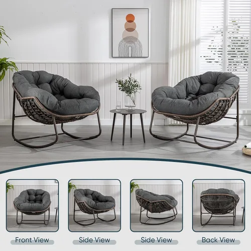 Miniatura 6 de Juego de 2 mecedoras para exteriores, silla mecedora de huevos de mimbre de gran tamaño, para interiores y exteriores, cómoda silla mecedora con Gris