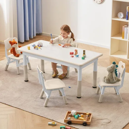 Miniatura 10 de DOREROOM Juego de Mesa y Sillas para Niños Pequeños para 4, 47.2''L x 23.6''A Juego de Mesa y Sillas de Estudio para Niños, Altura Ajustable, Beige