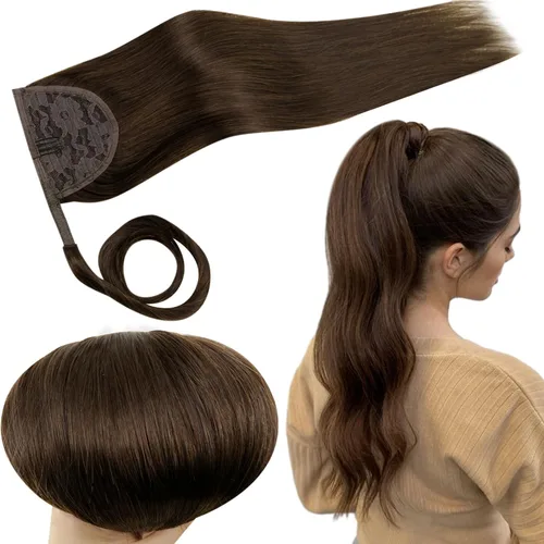 RUNATURE - Extensión de cola de caballo de cabello humano con pinzas y cinta mágica, extensiones de cabello corto lacio y grueso, color castaño, 12