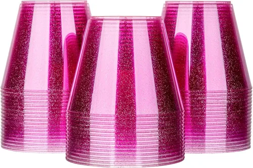 Homy Feel Vasos de plástico con purpurina rosa de 9 onzas – 100 unidades, tazas desechables de cóctel y vino para boda, fiesta de San Valentín