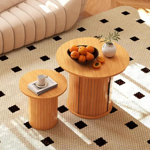 Miniatura 8 de COSVALVE Mesa de Café Redonda de Madera 60CM con Almacenamiento Oculto y Puerta Deslizante, Conjunto de Mesas Auxiliares Circulares de Estilo Granja