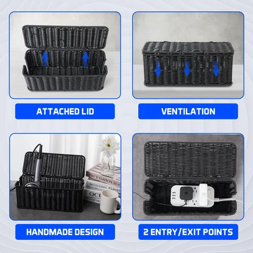 Miniatura 5 de Caja de organización de cables, organizador de cables de ratán hecho a mano con 2 ranuras abiertas, organizador de cables para regleta de Negro