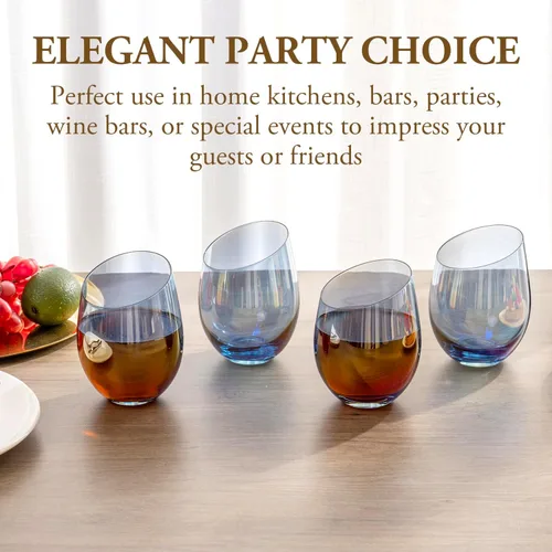 Miniatura 3 de MyGift Copas de vino modernas de 14 onzas sin tallo de vidrio azul iridiscente con borde en ángulo, cristalería transparente con tinte de brillo