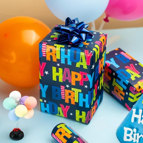 Miniatura 5 de Garbendy Papel de regalo de cumpleaños – Mini rollo – 17 pulgadas x 16.5 pies – Coloridas letras felices en papel azul papel de regalo perfecto