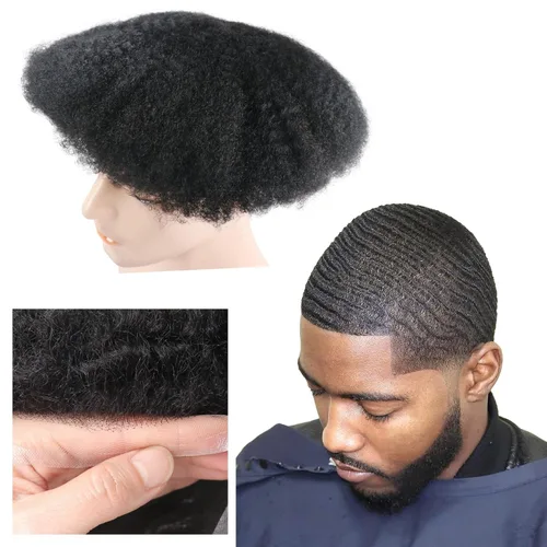 Miniatura 32 de Pelucas Afro Rizadas Toupé para Hombres Pelucas para Hombre Afroamericano Negro Unidad de Cabello Masculino Negro Rizado Afro Tejido Masculino